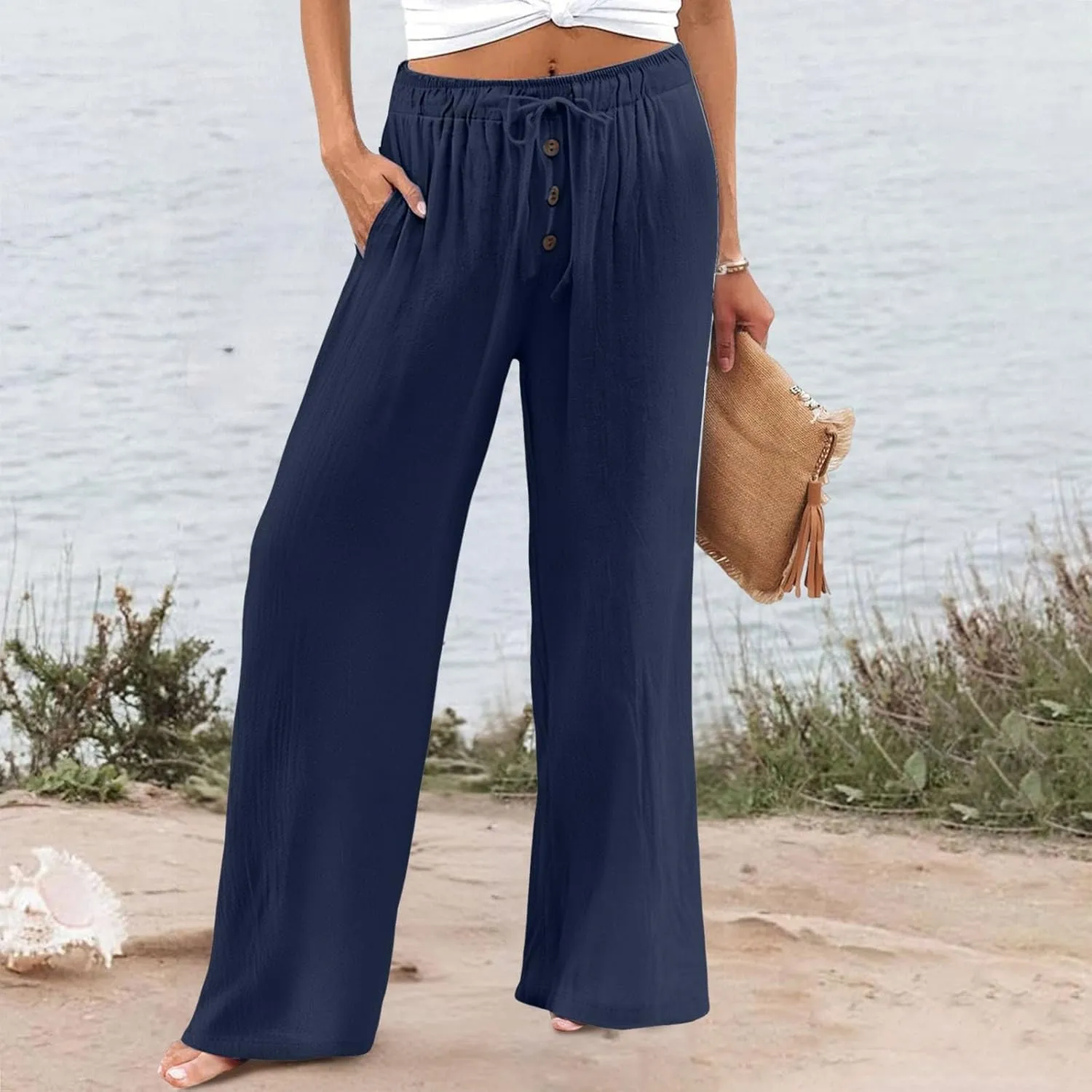 Cotton Linen Pants for Women Casual Summer Wide Leg Palazzo Loose Drawstring Elastic Waist Lounge Trousers Outfits 2025