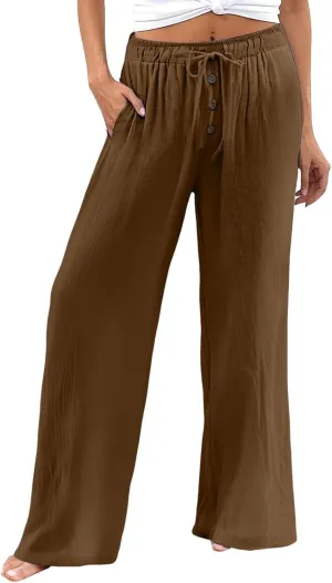 Cotton Linen Pants for Women Casual Summer Wide Leg Palazzo Loose Drawstring Elastic Waist Lounge Trousers Outfits 2025
