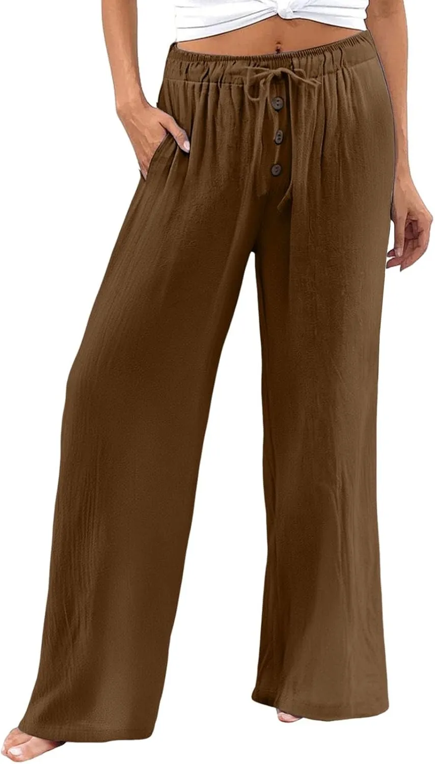 Cotton Linen Pants for Women Casual Summer Wide Leg Palazzo Loose Drawstring Elastic Waist Lounge Trousers Outfits 2025