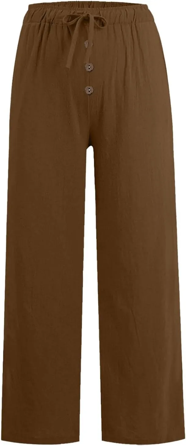 Cotton Linen Pants for Women Casual Summer Wide Leg Palazzo Loose Drawstring Elastic Waist Lounge Trousers Outfits 2025