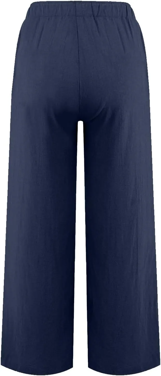 Cotton Linen Pants for Women Casual Summer Wide Leg Palazzo Loose Drawstring Elastic Waist Lounge Trousers Outfits 2025