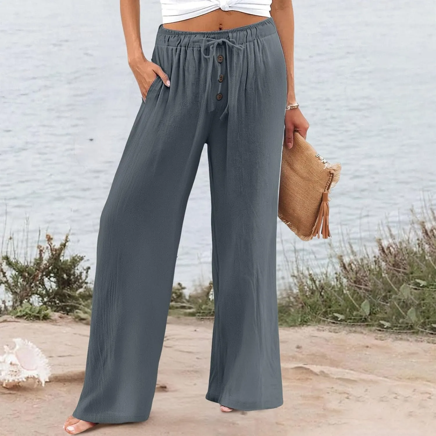 Cotton Linen Pants for Women Casual Summer Wide Leg Palazzo Loose Drawstring Elastic Waist Lounge Trousers Outfits 2025