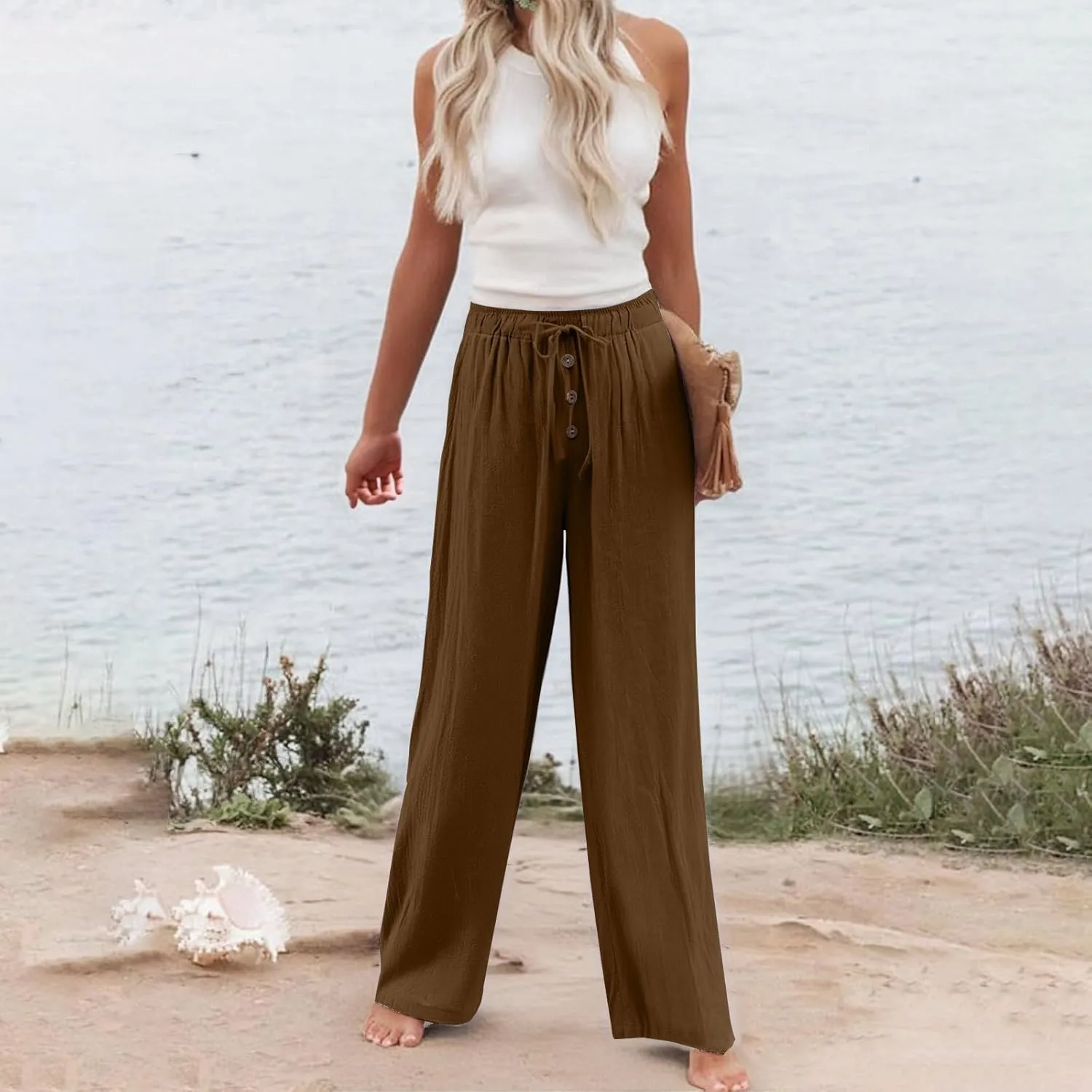Cotton Linen Pants for Women Casual Summer Wide Leg Palazzo Loose Drawstring Elastic Waist Lounge Trousers Outfits 2025