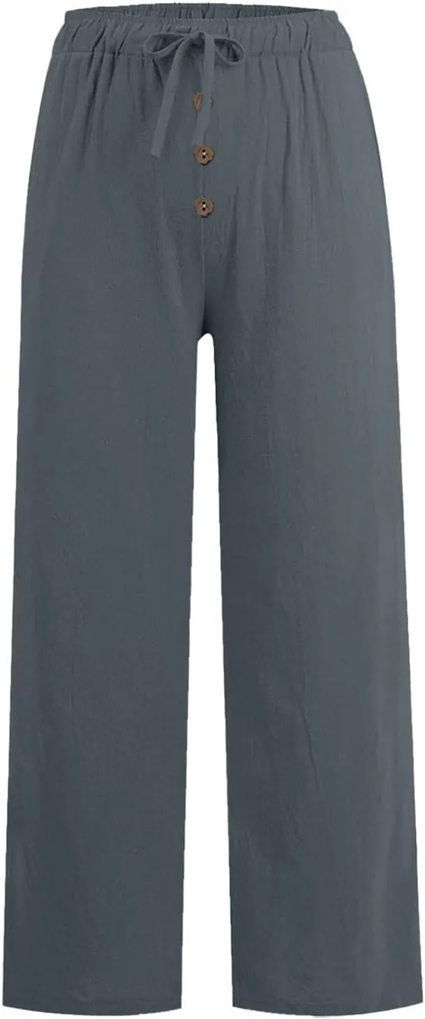 Cotton Linen Pants for Women Casual Summer Wide Leg Palazzo Loose Drawstring Elastic Waist Lounge Trousers Outfits 2025