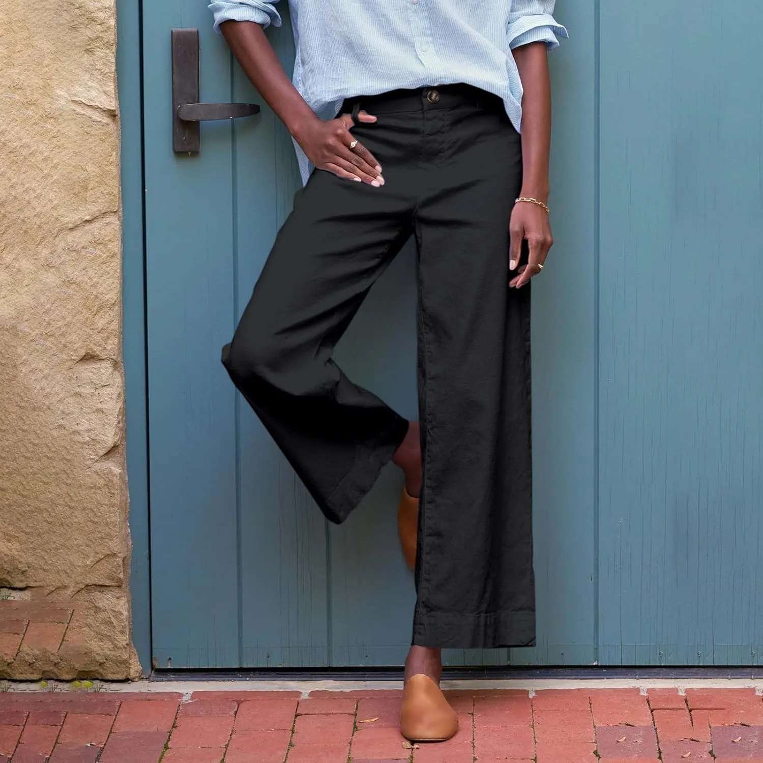 Cropped Linen Pants for Women Spring Summer Straight Leg Slacks Casual Wide Leg Daily Work Trousers with Pockets