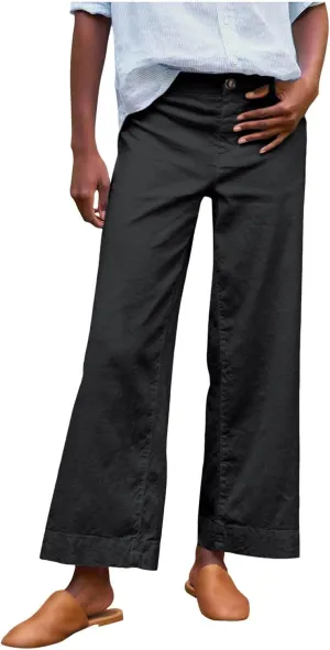 Cropped Linen Pants for Women Spring Summer Straight Leg Slacks Casual Wide Leg Daily Work Trousers with Pockets