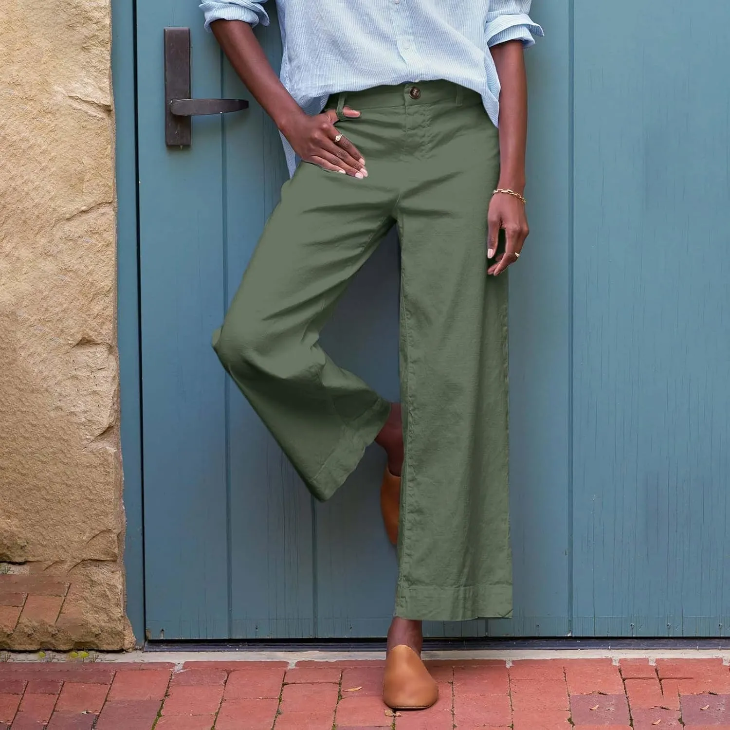 Cropped Linen Pants for Women Spring Summer Straight Leg Slacks Casual Wide Leg Daily Work Trousers with Pockets