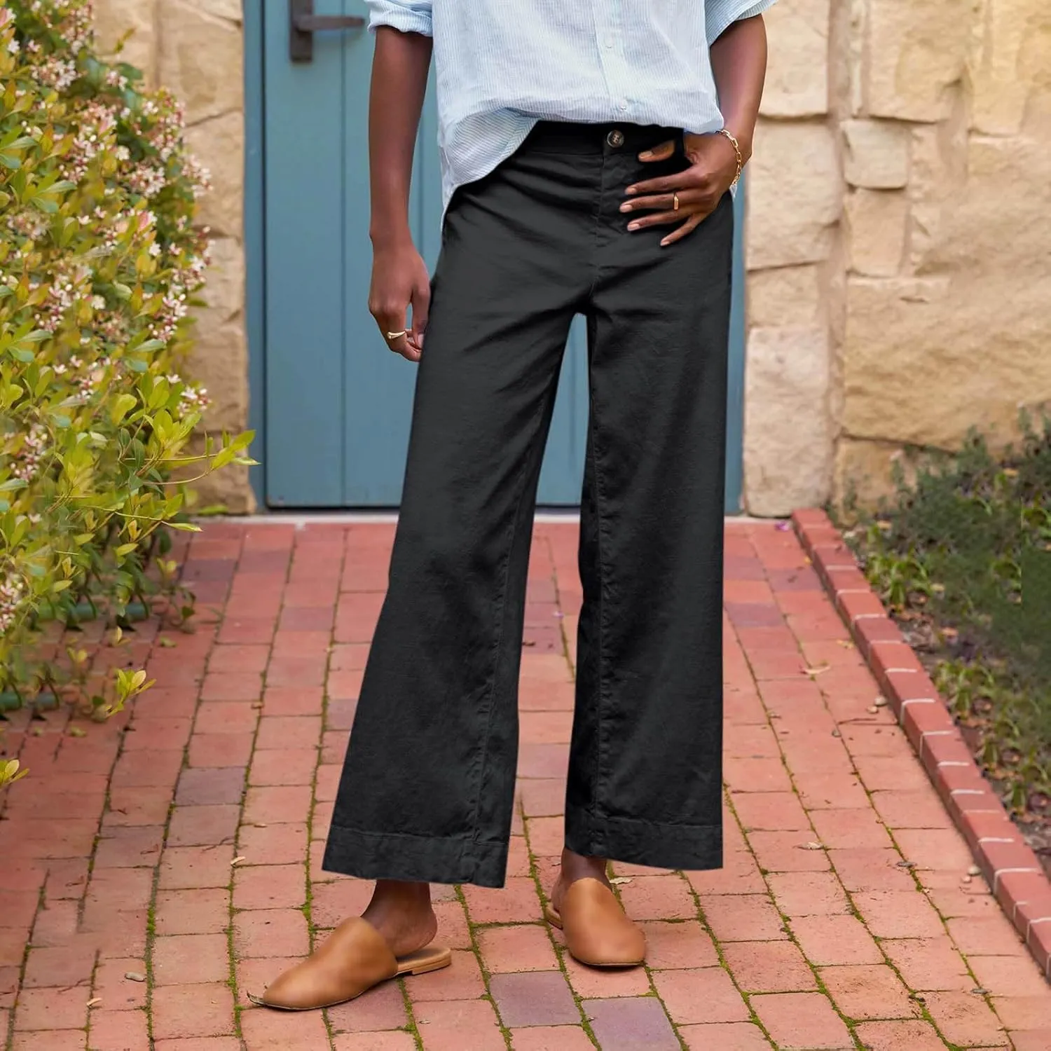 Cropped Linen Pants for Women Spring Summer Straight Leg Slacks Casual Wide Leg Daily Work Trousers with Pockets