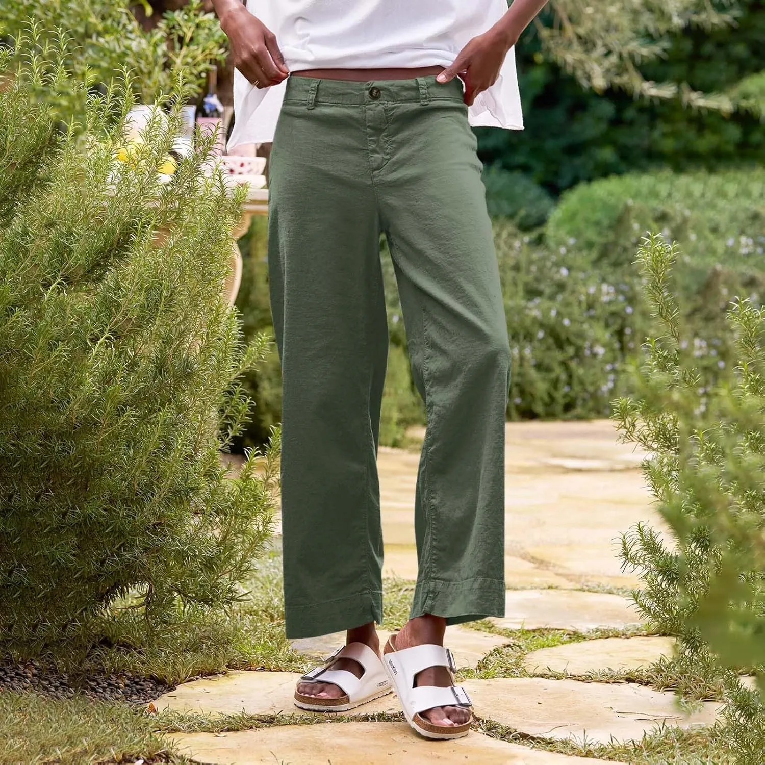 Cropped Linen Pants for Women Spring Summer Straight Leg Slacks Casual Wide Leg Daily Work Trousers with Pockets