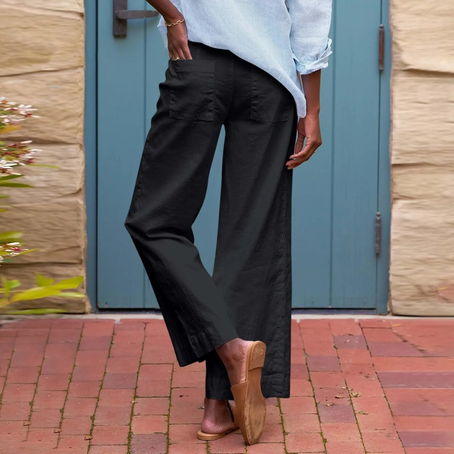 Cropped Linen Pants for Women Spring Summer Straight Leg Slacks Casual Wide Leg Daily Work Trousers with Pockets