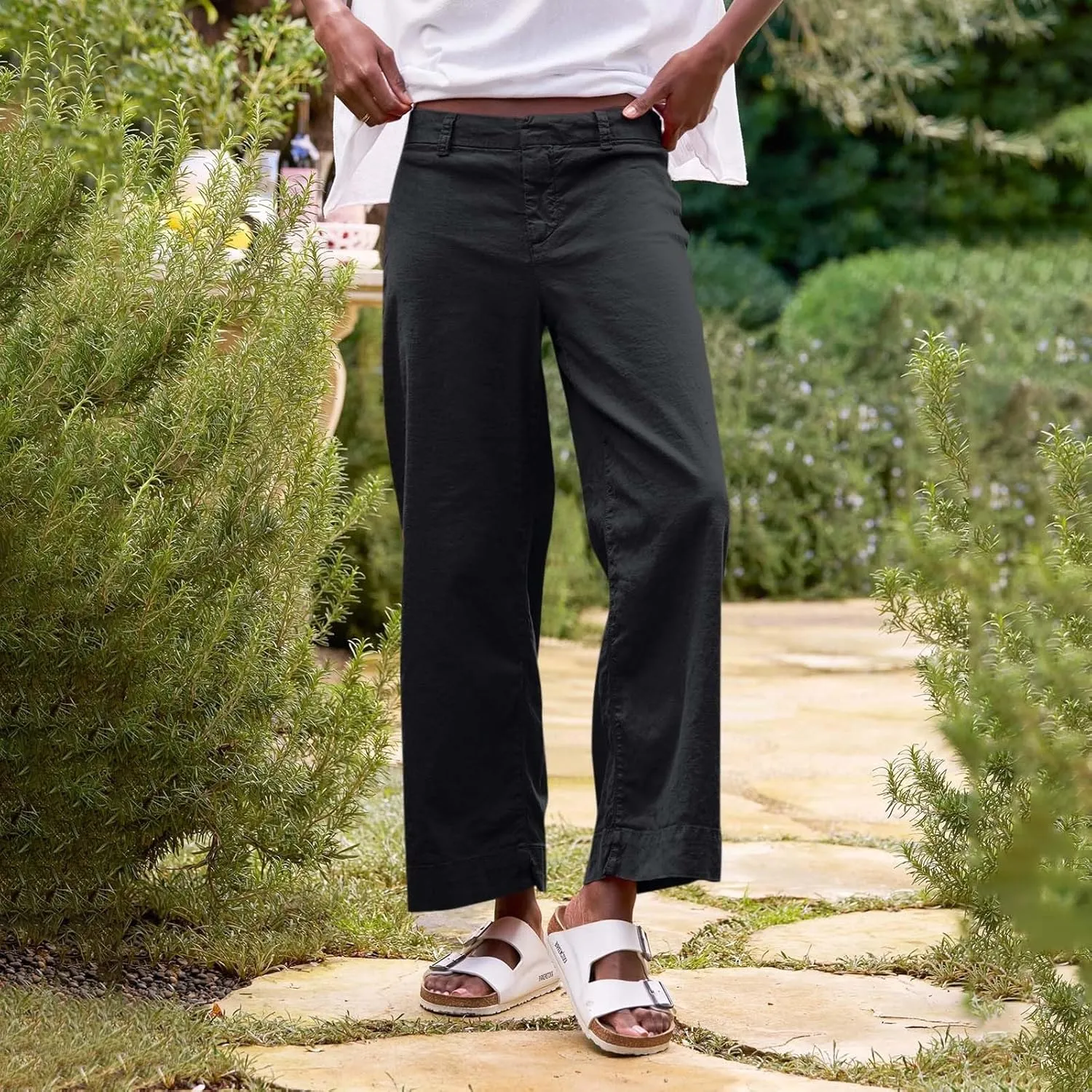Cropped Linen Pants for Women Spring Summer Straight Leg Slacks Casual Wide Leg Daily Work Trousers with Pockets
