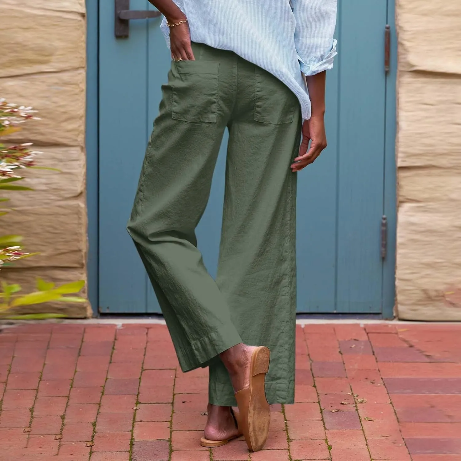Cropped Linen Pants for Women Spring Summer Straight Leg Slacks Casual Wide Leg Daily Work Trousers with Pockets