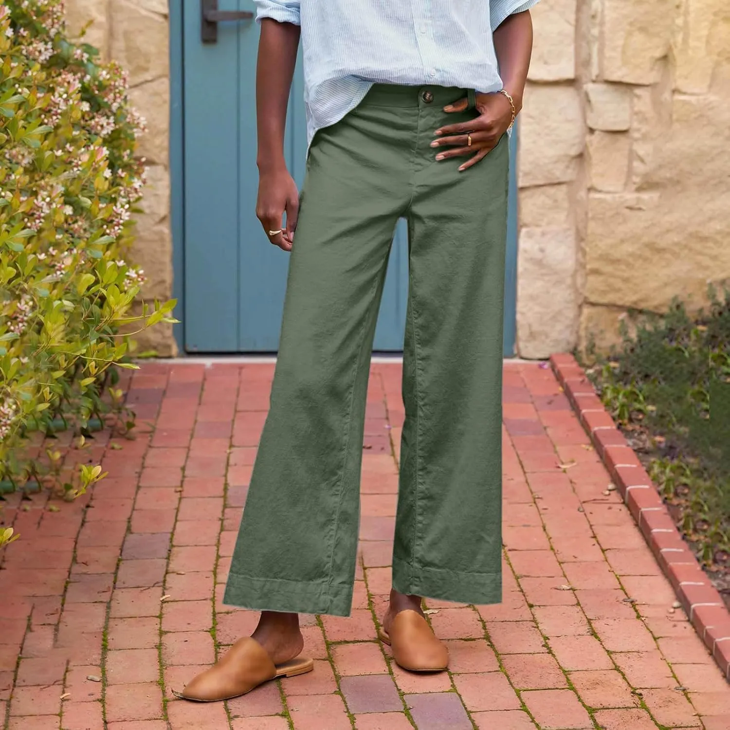 Cropped Linen Pants for Women Spring Summer Straight Leg Slacks Casual Wide Leg Daily Work Trousers with Pockets