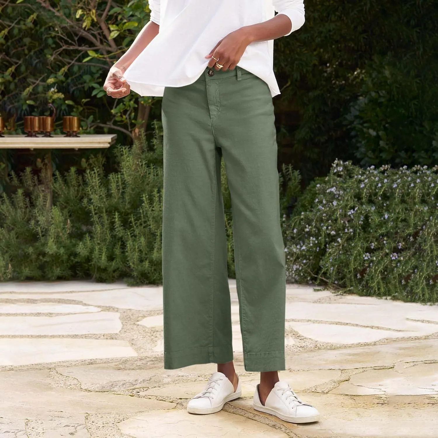 Cropped Linen Pants for Women Spring Summer Straight Leg Slacks Casual Wide Leg Daily Work Trousers with Pockets