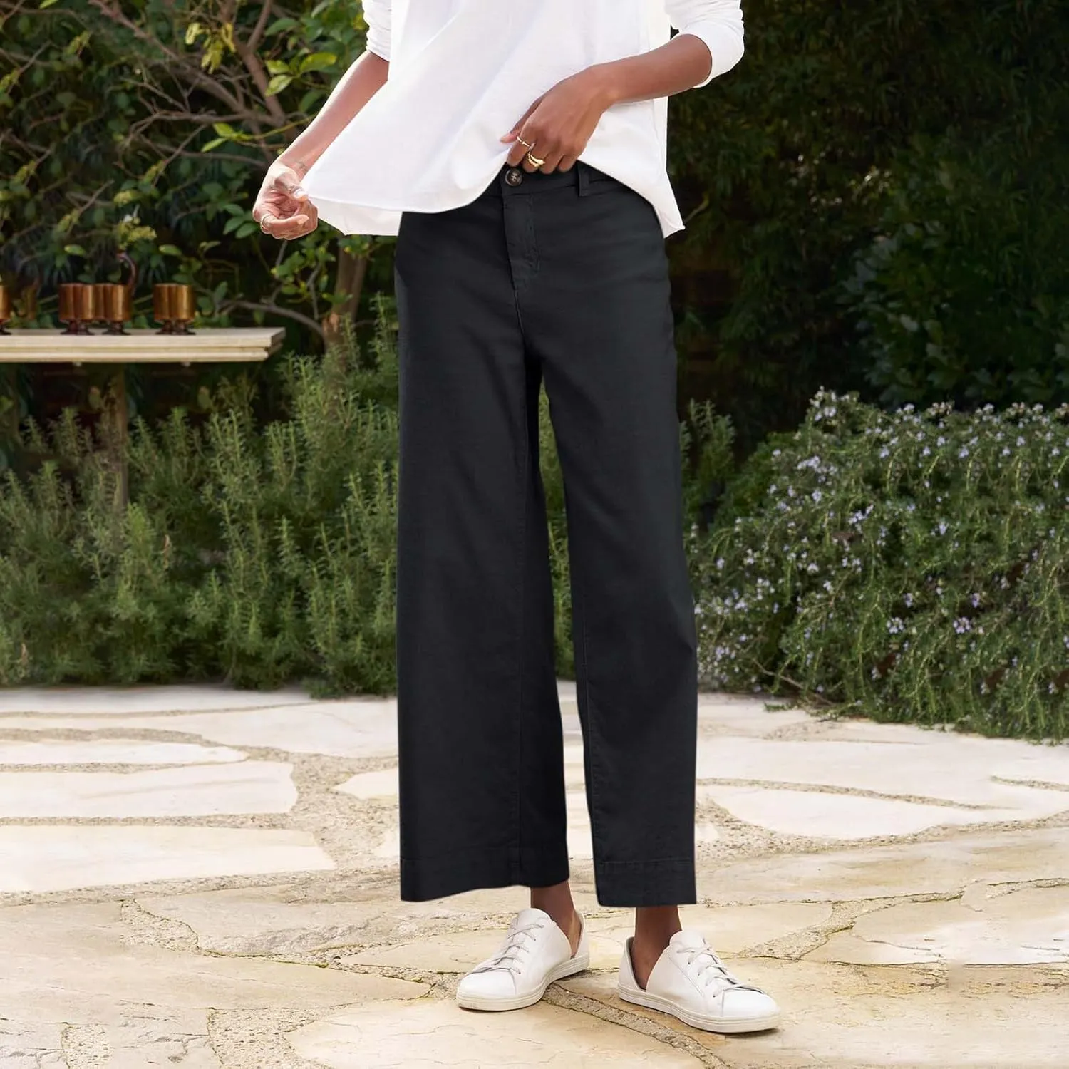 Cropped Linen Pants for Women Spring Summer Straight Leg Slacks Casual Wide Leg Daily Work Trousers with Pockets