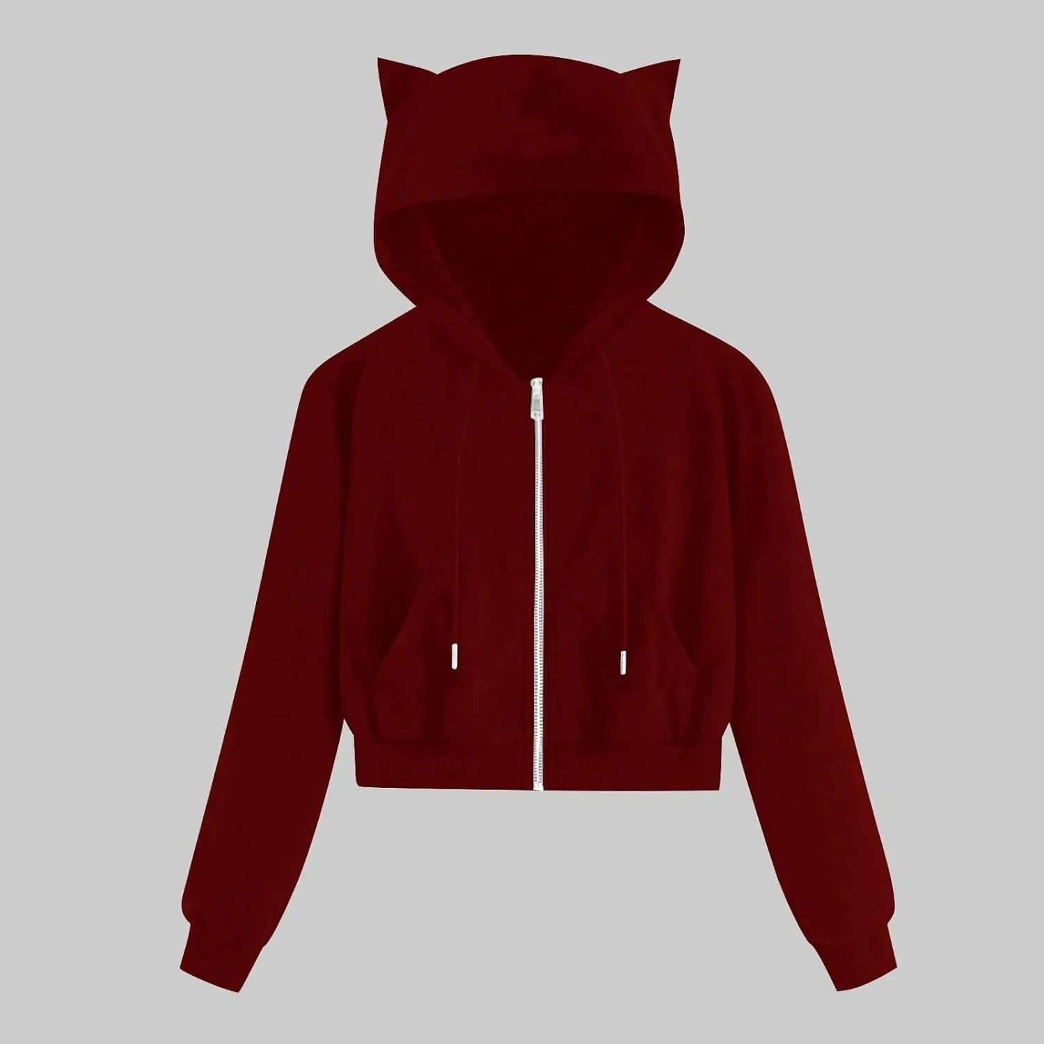 Cropped Zip Up Hoodies for Women Cute Cat Ear Hoodies Long Sleeve Sweatshirts Y2k Cat Hoodie for Women Clothes 2024
