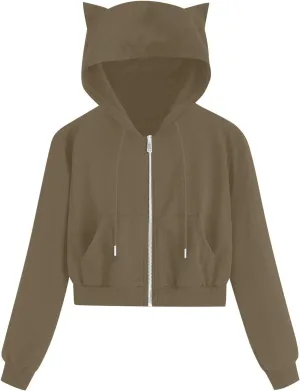 Cropped Zip Up Hoodies for Women Cute Cat Ear Hoodies Long Sleeve Sweatshirts Y2k Cat Hoodie for Women Clothes 2024
