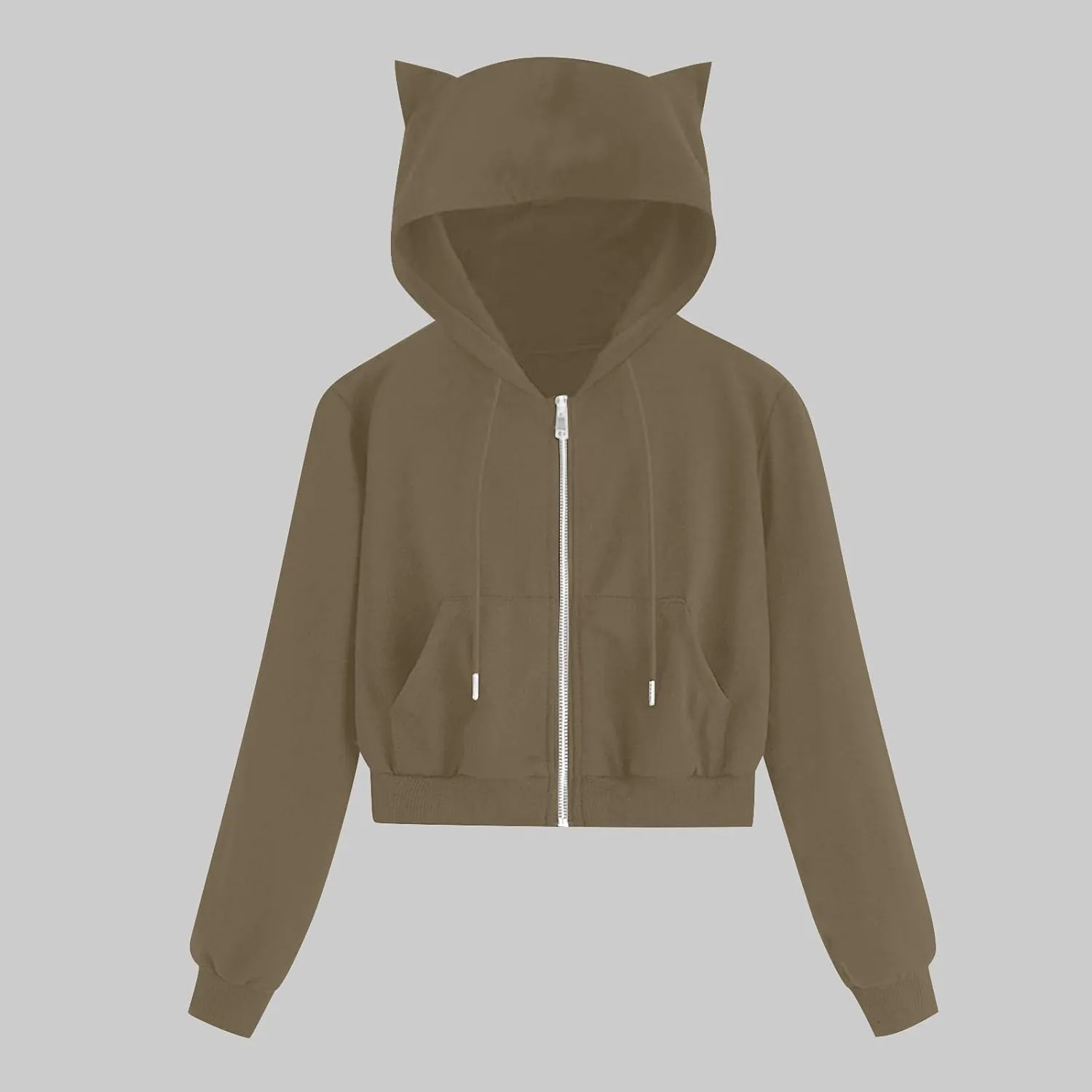 Cropped Zip Up Hoodies for Women Cute Cat Ear Hoodies Long Sleeve Sweatshirts Y2k Cat Hoodie for Women Clothes 2024