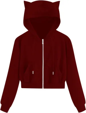 Cropped Zip Up Hoodies for Women Cute Cat Ear Hoodies Long Sleeve Sweatshirts Y2k Cat Hoodie for Women Clothes 2024