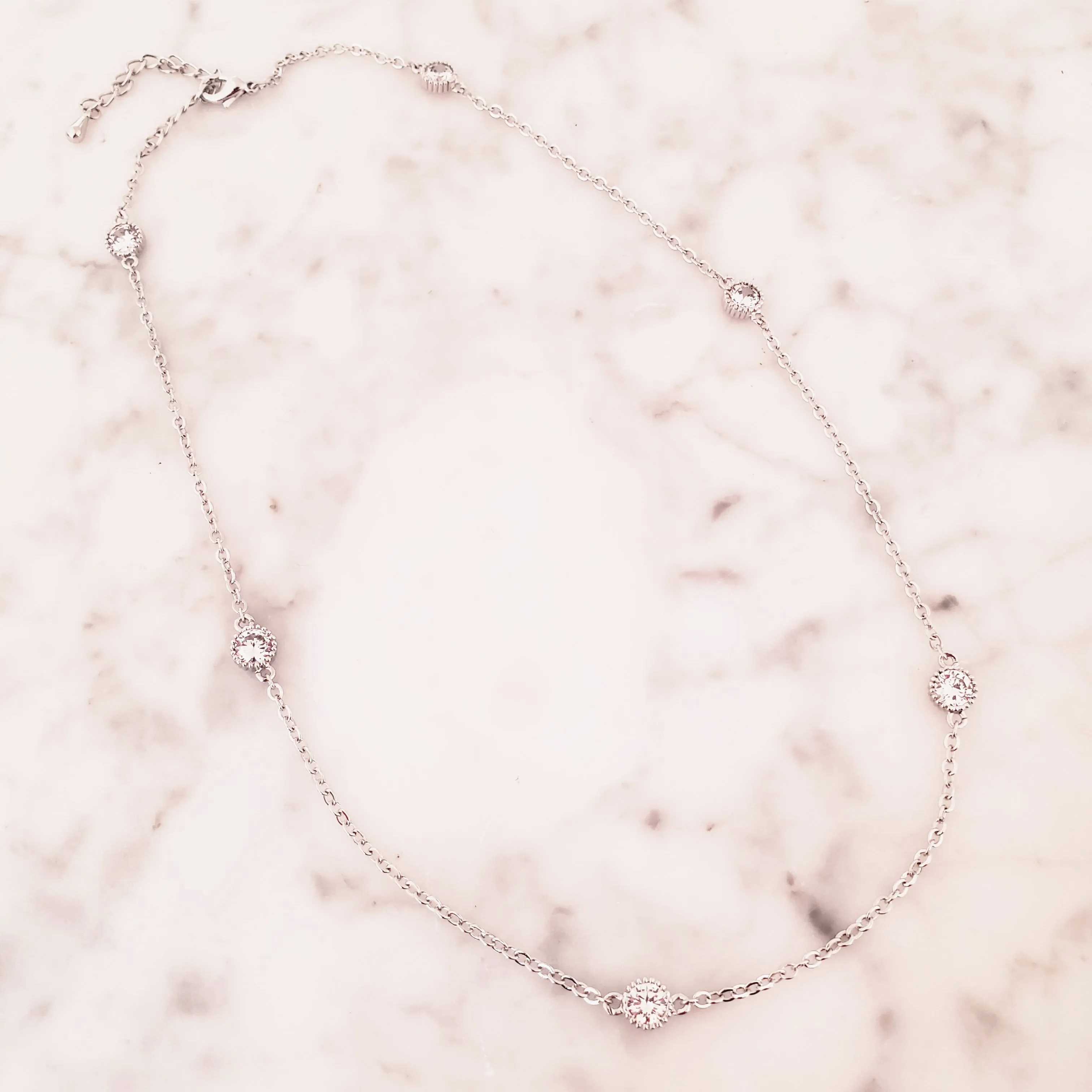 Cubic Zirconia Station Chain Extendable 16-18 Inches