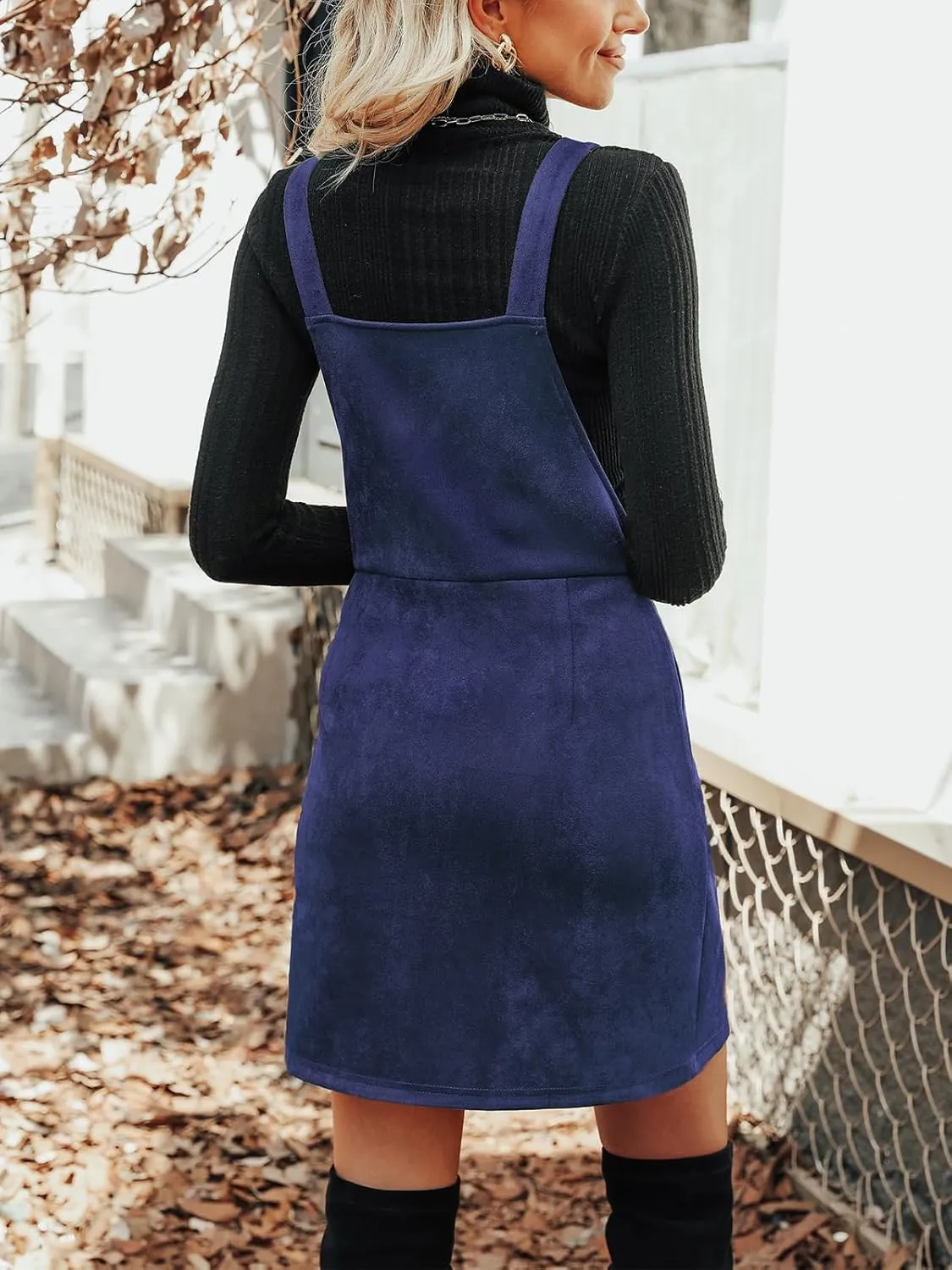CUPSHE Faux Suede Mini Fall Dresses for Women Square Neck Pull Ring Zipper Front Pockets Wide Straps Casual Autumn Dress
