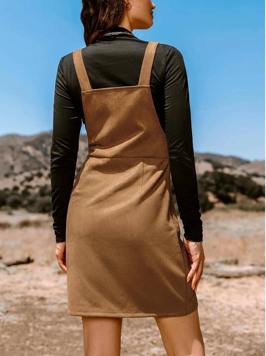 CUPSHE Faux Suede Mini Fall Dresses for Women Square Neck Pull Ring Zipper Front Pockets Wide Straps Casual Autumn Dress