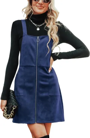 CUPSHE Faux Suede Mini Fall Dresses for Women Square Neck Pull Ring Zipper Front Pockets Wide Straps Casual Autumn Dress