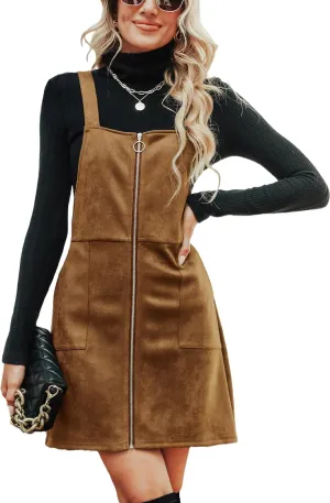 CUPSHE Faux Suede Mini Fall Dresses for Women Square Neck Pull Ring Zipper Front Pockets Wide Straps Casual Autumn Dress