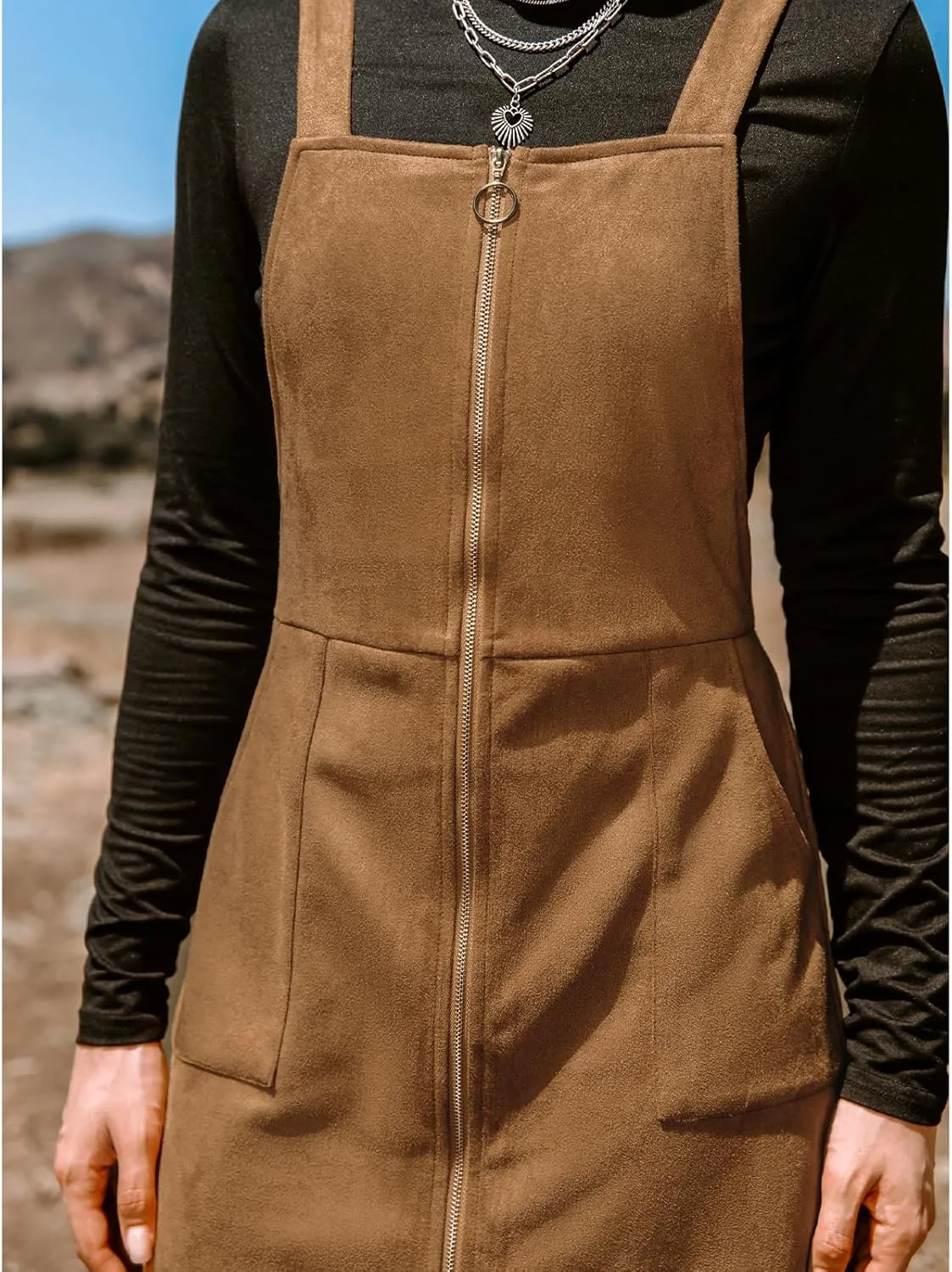 CUPSHE Faux Suede Mini Fall Dresses for Women Square Neck Pull Ring Zipper Front Pockets Wide Straps Casual Autumn Dress