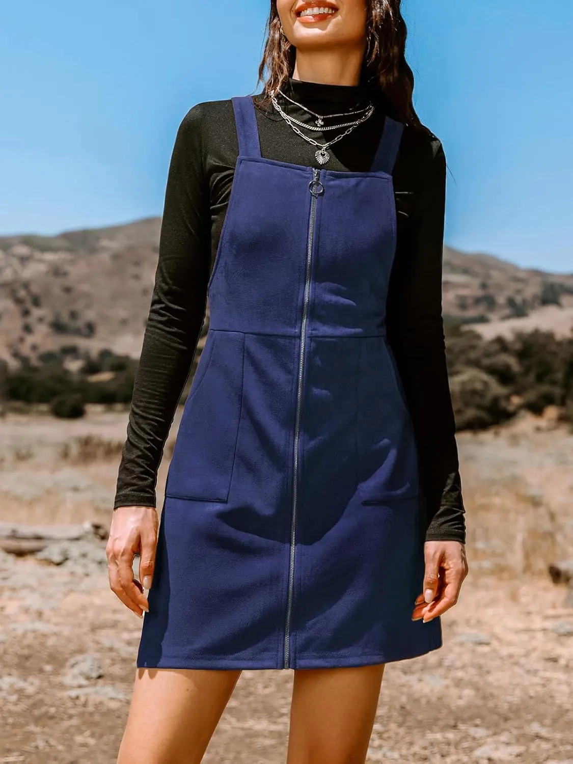 CUPSHE Faux Suede Mini Fall Dresses for Women Square Neck Pull Ring Zipper Front Pockets Wide Straps Casual Autumn Dress