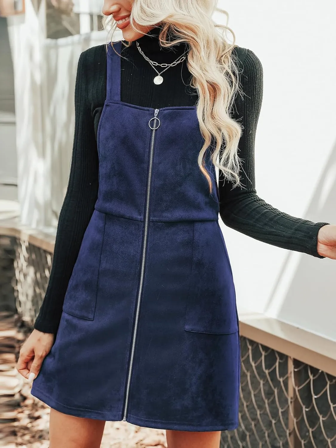 CUPSHE Faux Suede Mini Fall Dresses for Women Square Neck Pull Ring Zipper Front Pockets Wide Straps Casual Autumn Dress