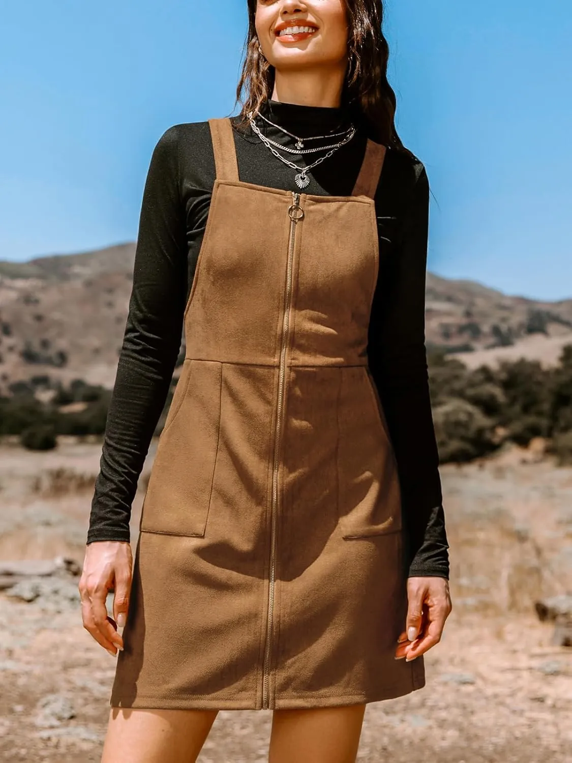 CUPSHE Faux Suede Mini Fall Dresses for Women Square Neck Pull Ring Zipper Front Pockets Wide Straps Casual Autumn Dress