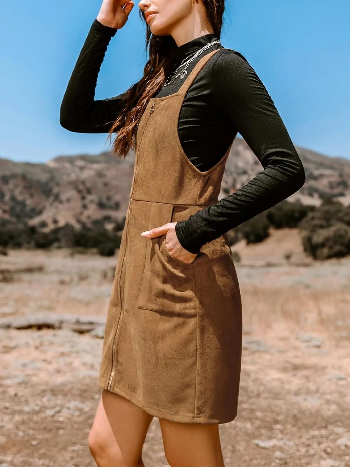 CUPSHE Faux Suede Mini Fall Dresses for Women Square Neck Pull Ring Zipper Front Pockets Wide Straps Casual Autumn Dress