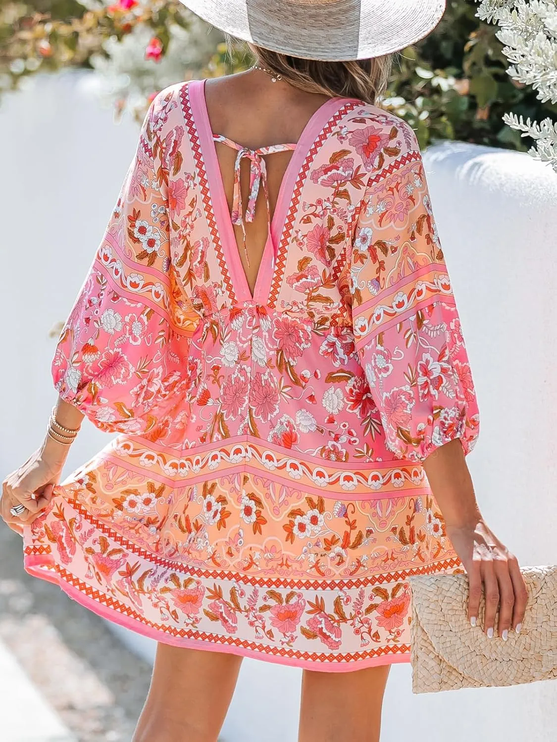 CUPSHE Women Casual Boho Sundress Summer Floral Print Tie Front Dress 3/4 Sleeves Paisley Beach Mini Dresses