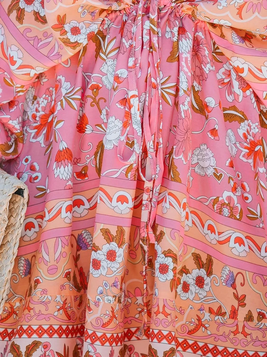 CUPSHE Women Casual Boho Sundress Summer Floral Print Tie Front Dress 3/4 Sleeves Paisley Beach Mini Dresses