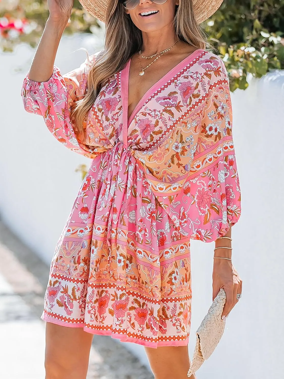 CUPSHE Women Casual Boho Sundress Summer Floral Print Tie Front Dress 3/4 Sleeves Paisley Beach Mini Dresses