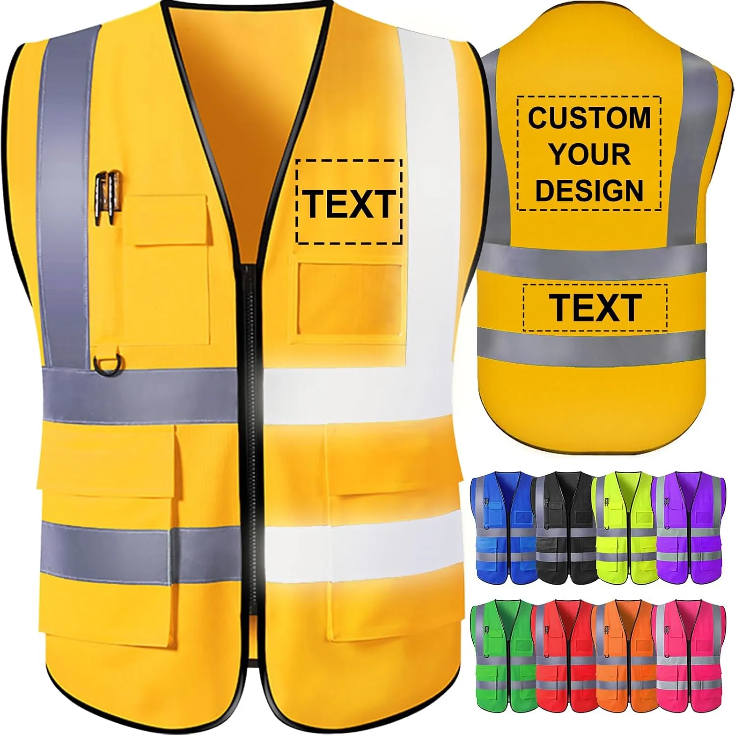 Custom Safety Vest for Men with Logo Pockets High Visibility Reflective Vests Construction Security Workwear