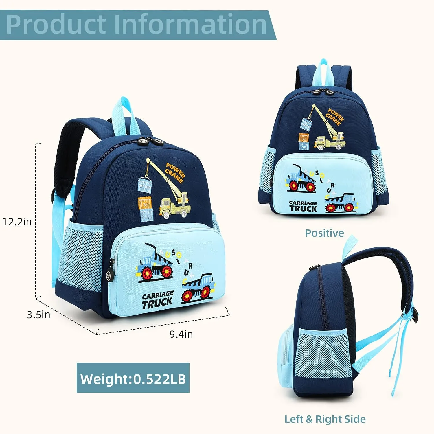Cute Zoo Little 3d Backpack Kids Backpack for Boys and Girls Toddler Backpack Waterproof Preschool(Blue Hoist)