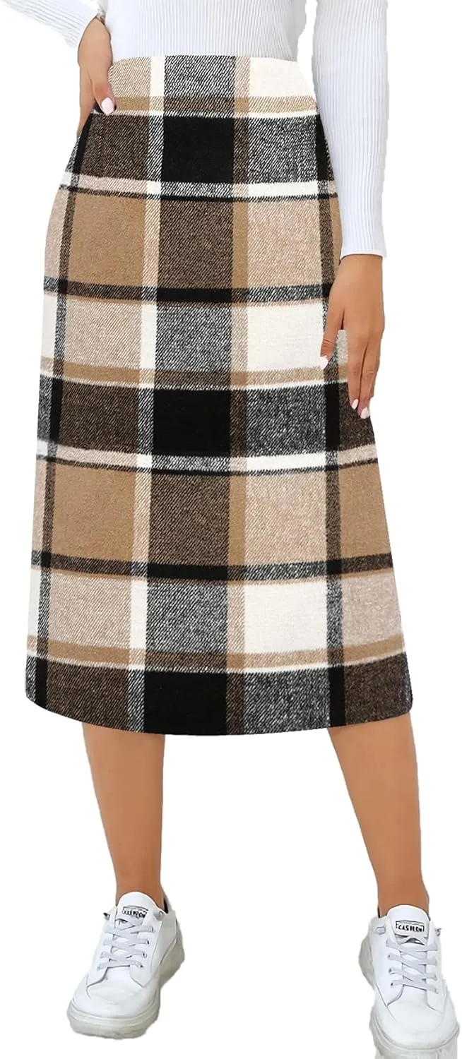 CYCLAMEN Women's Plaid Skirt High Waisted Bodycon Pencil Mini Midi Skirts 2024 Fall Winter A Line Wool Skirt