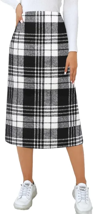 CYCLAMEN Women's Plaid Skirt High Waisted Bodycon Pencil Mini Midi Skirts 2024 Fall Winter A Line Wool Skirt