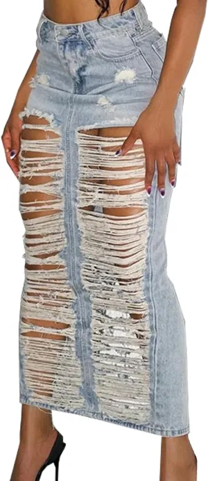 Denim Skirt with Slit Women Summer Casual Rip Elastic High Waisted Jean Skirt with Pockets Rave Wear