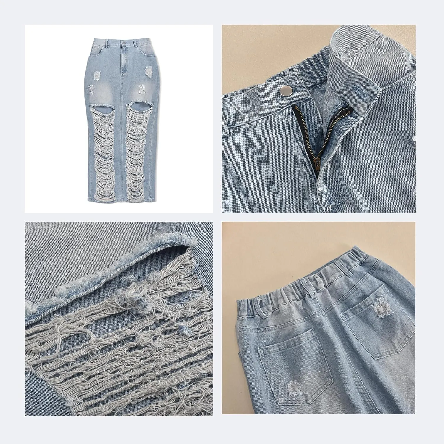 Denim Skirt with Slit Women Summer Casual Rip Elastic High Waisted Jean Skirt with Pockets Rave Wear