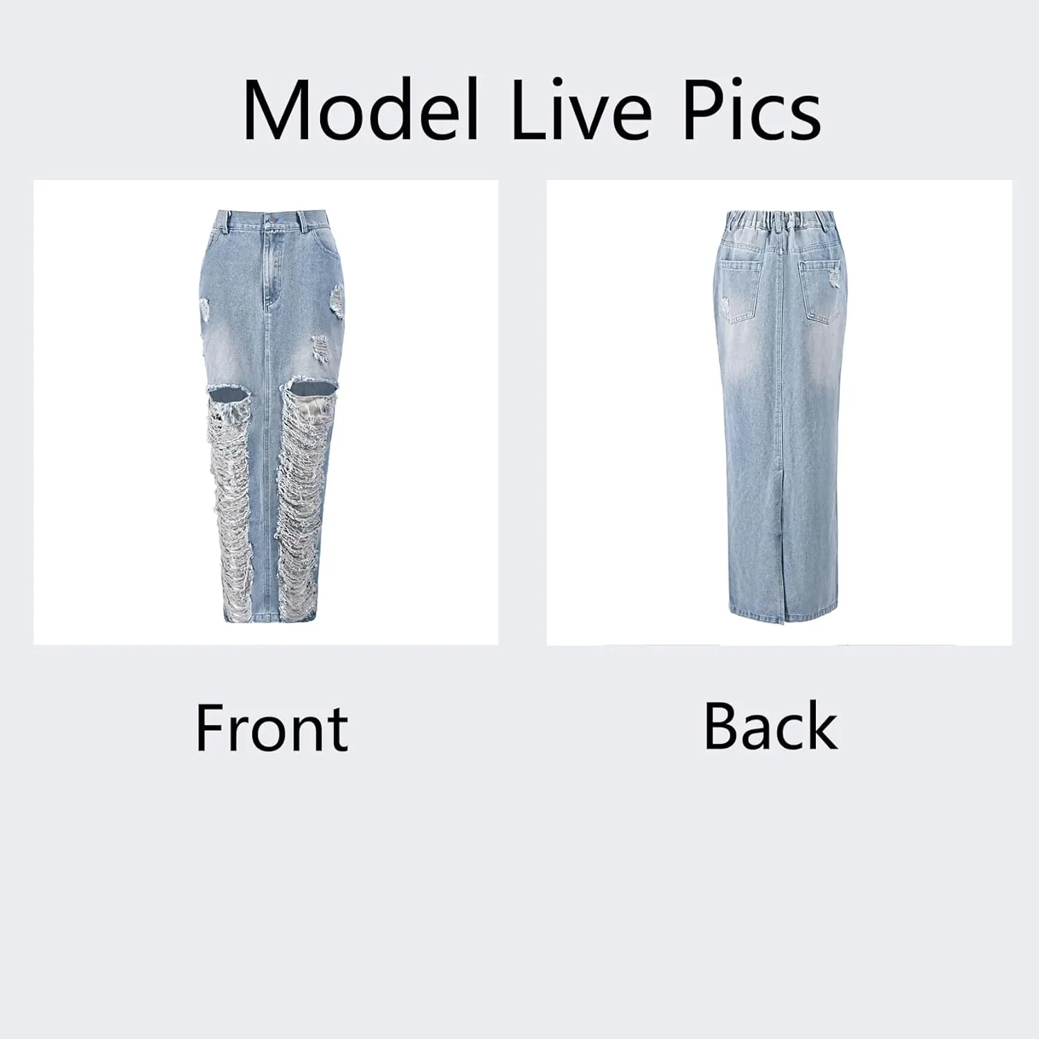 Denim Skirt with Slit Women Summer Casual Rip Elastic High Waisted Jean Skirt with Pockets Rave Wear