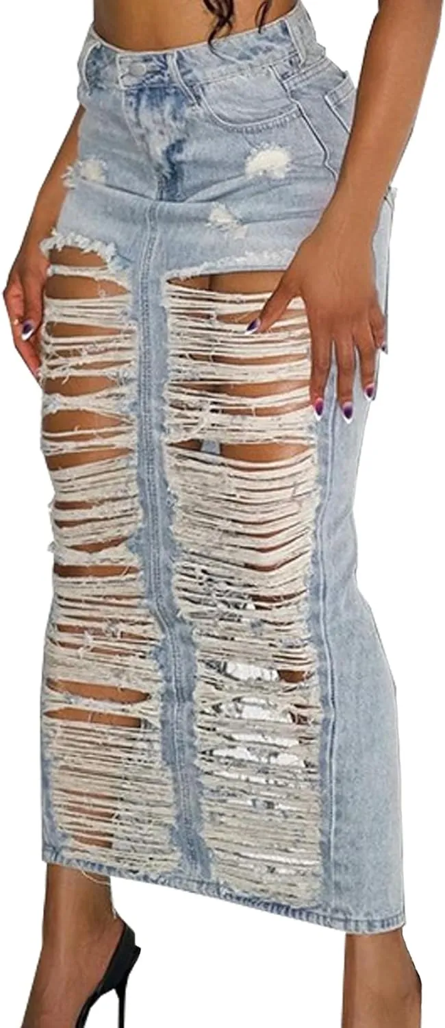 Denim Skirt with Slit Women Summer Casual Rip Elastic High Waisted Jean Skirt with Pockets Rave Wear