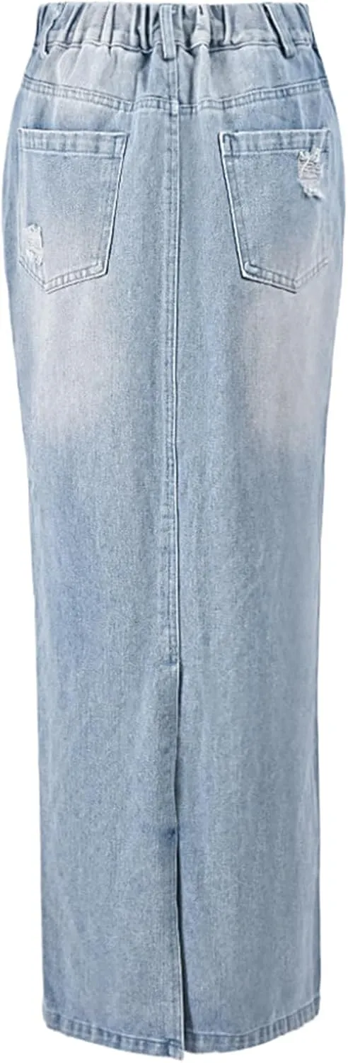Denim Skirt with Slit Women Summer Casual Rip Elastic High Waisted Jean Skirt with Pockets Rave Wear