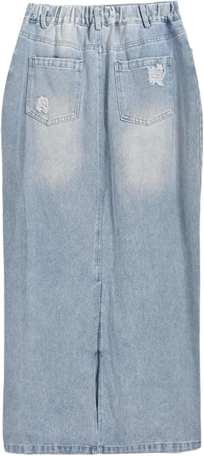 Denim Skirt with Slit Women Summer Casual Rip Elastic High Waisted Jean Skirt with Pockets Rave Wear