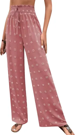 DIACACY Womens Swiss Dot Wide Leg High Waist Pants Flowy Adjustable Knot Trousers Loose Casual Pants