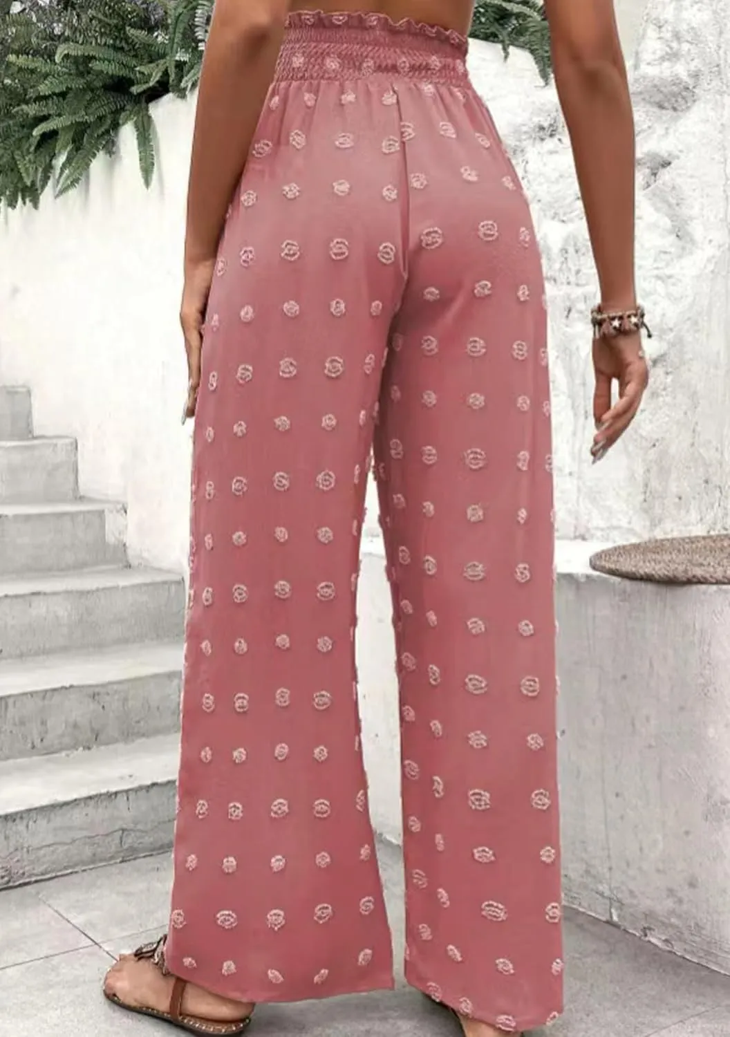 DIACACY Womens Swiss Dot Wide Leg High Waist Pants Flowy Adjustable Knot Trousers Loose Casual Pants