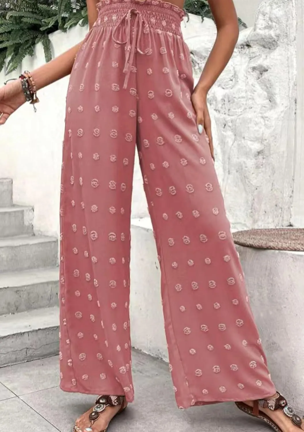 DIACACY Womens Swiss Dot Wide Leg High Waist Pants Flowy Adjustable Knot Trousers Loose Casual Pants