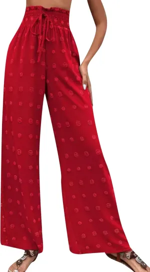 DIACACY Womens Swiss Dot Wide Leg High Waist Pants Flowy Adjustable Knot Trousers Loose Casual Pants